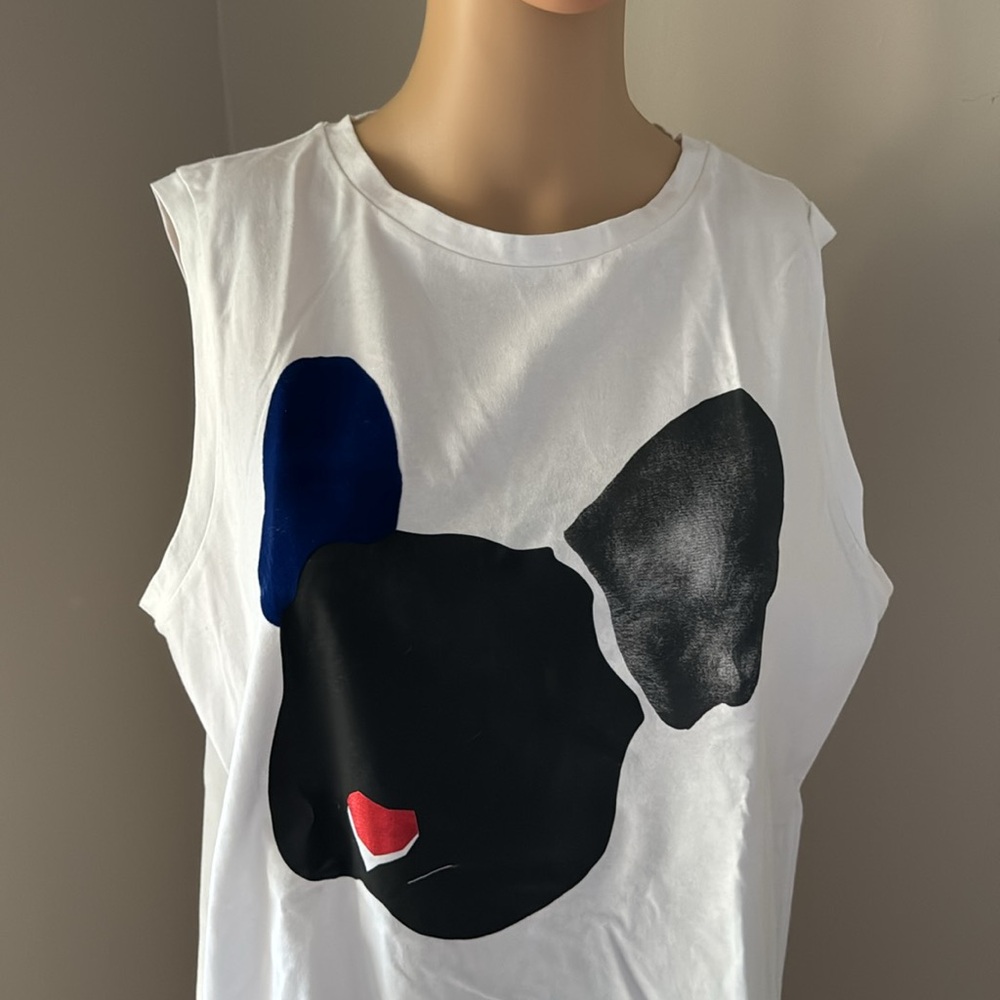 NWT Etre Cecile French Bulldog Face Graphics WHITE sleeveless T-shirt Large RARE